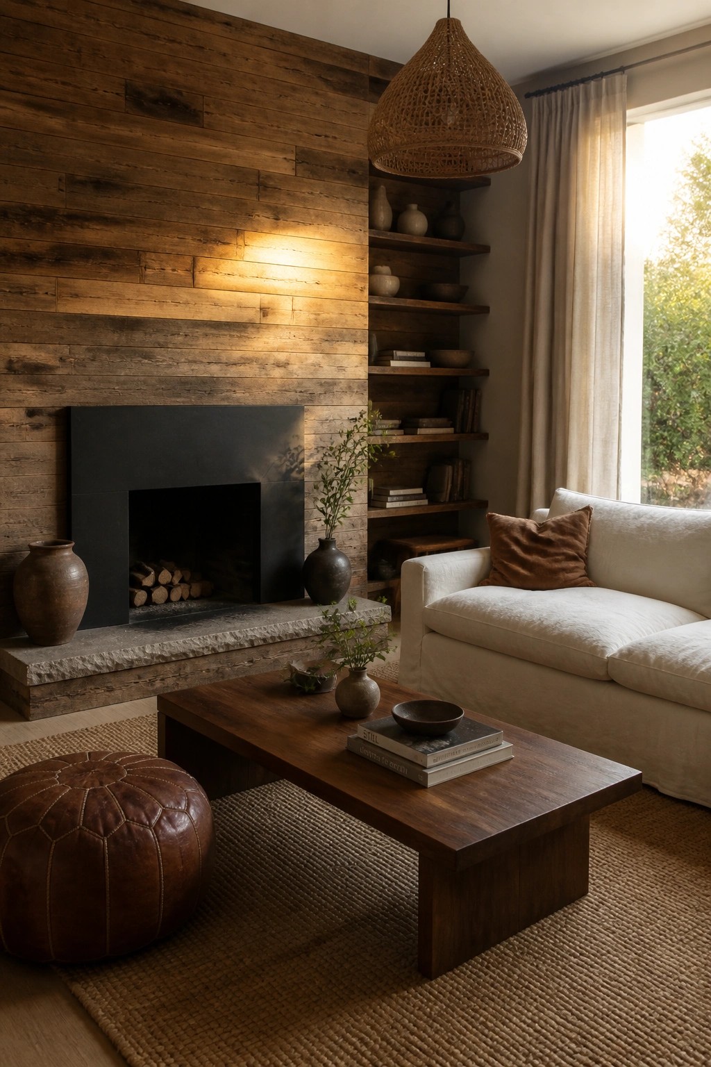 A living room with a large reclaimed wood accent wall, black fireplace insert, white sofa, wooden coffee table on a jute rug, and woven pendant light.