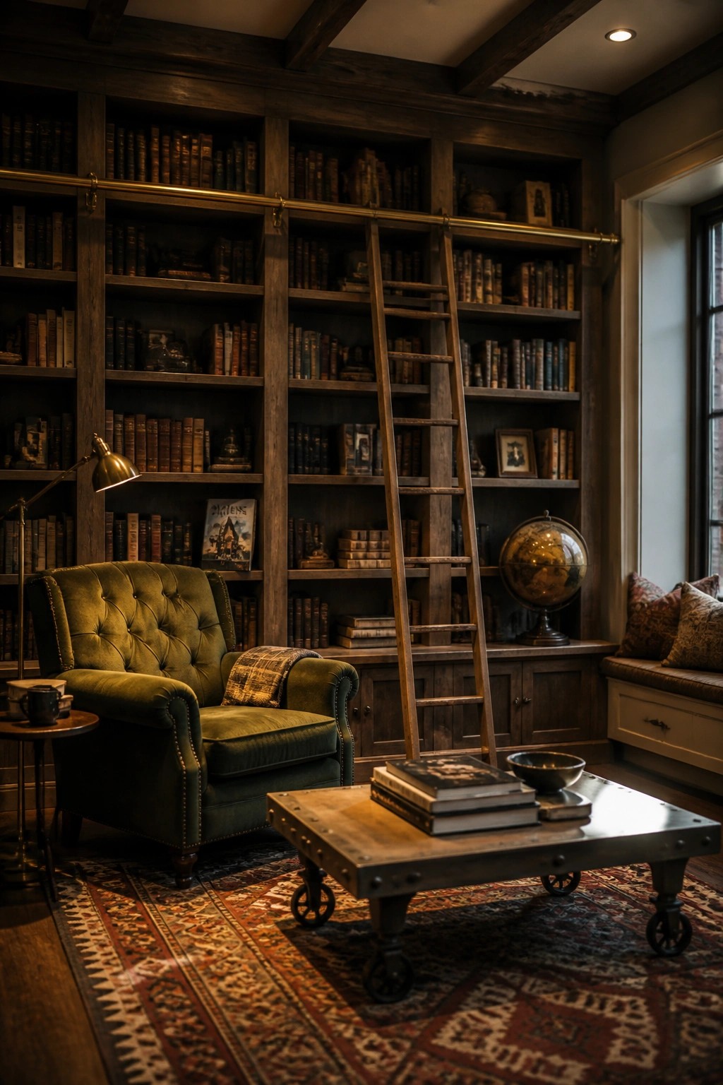 A library room with dark reclaimed wood built-in bookshelves covering the walls, a green tufted armchair, a rolling wooden ladder, and a metal coffee table on a patterned rug.