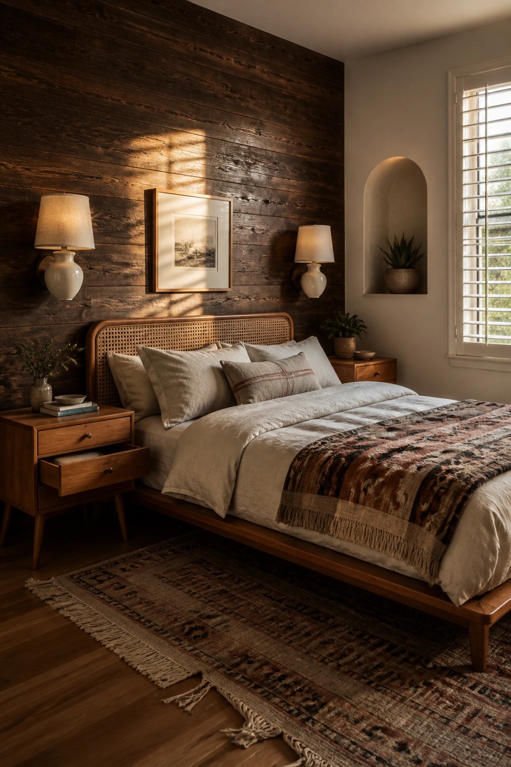 A bedroom featuring a dark reclaimed wood wall behind a wooden bed with white linens, flanked by wall sconces and wooden nightstands.