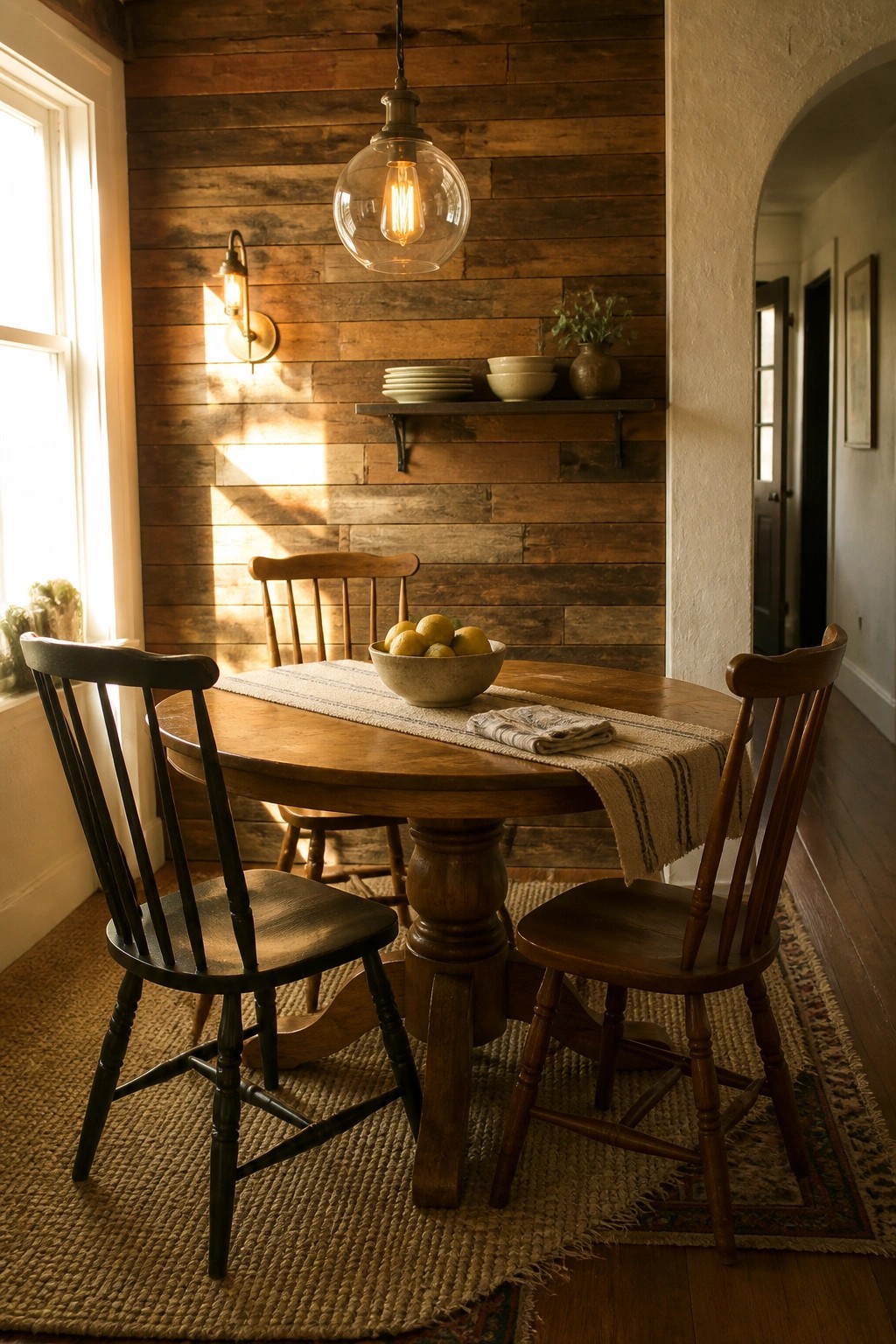 A round wooden dining table with three wooden chairs sits on a woven rug in front of a horizontal reclaimed wood plank wall, with a glass pendant light hanging above.