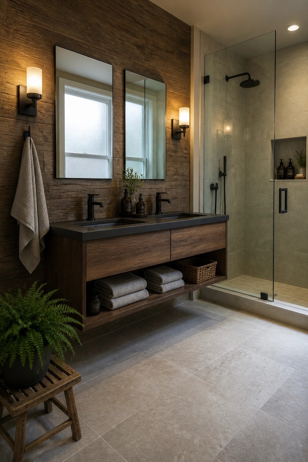 A bathroom interior with a reclaimed wood accent wall behind a floating double vanity, two mirrors, black fixtures, and an adjacent glass shower enclosure.