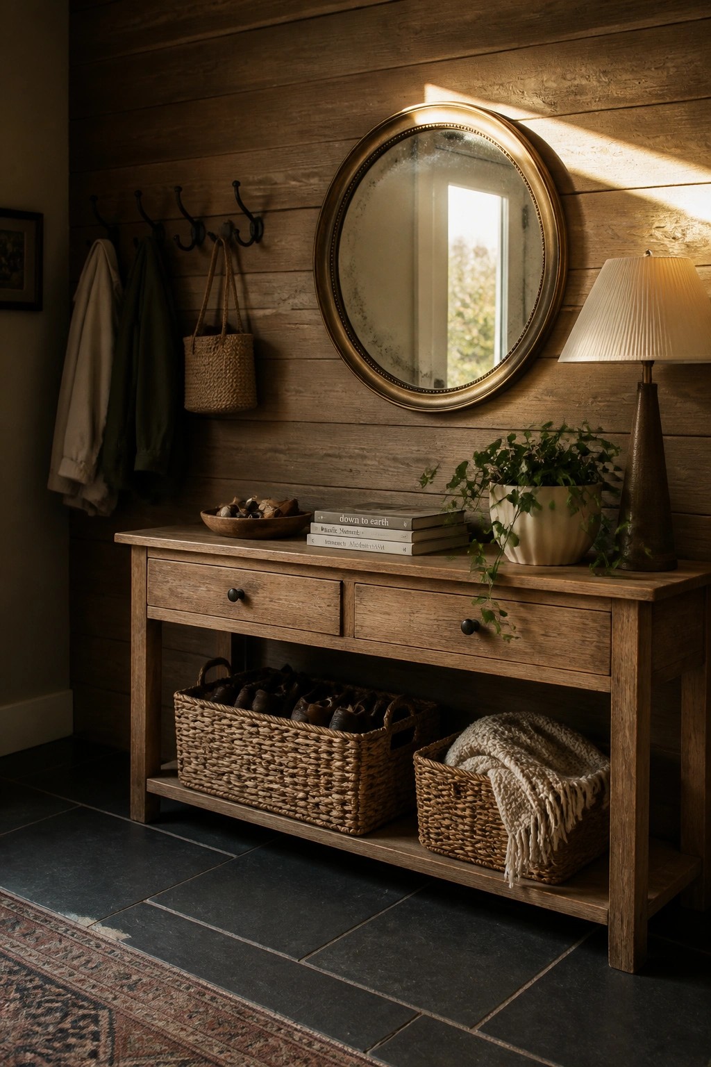 A wooden console table with baskets underneath sits against a wall of horizontal reclaimed wood planks, with a round mirror and lamp on top.