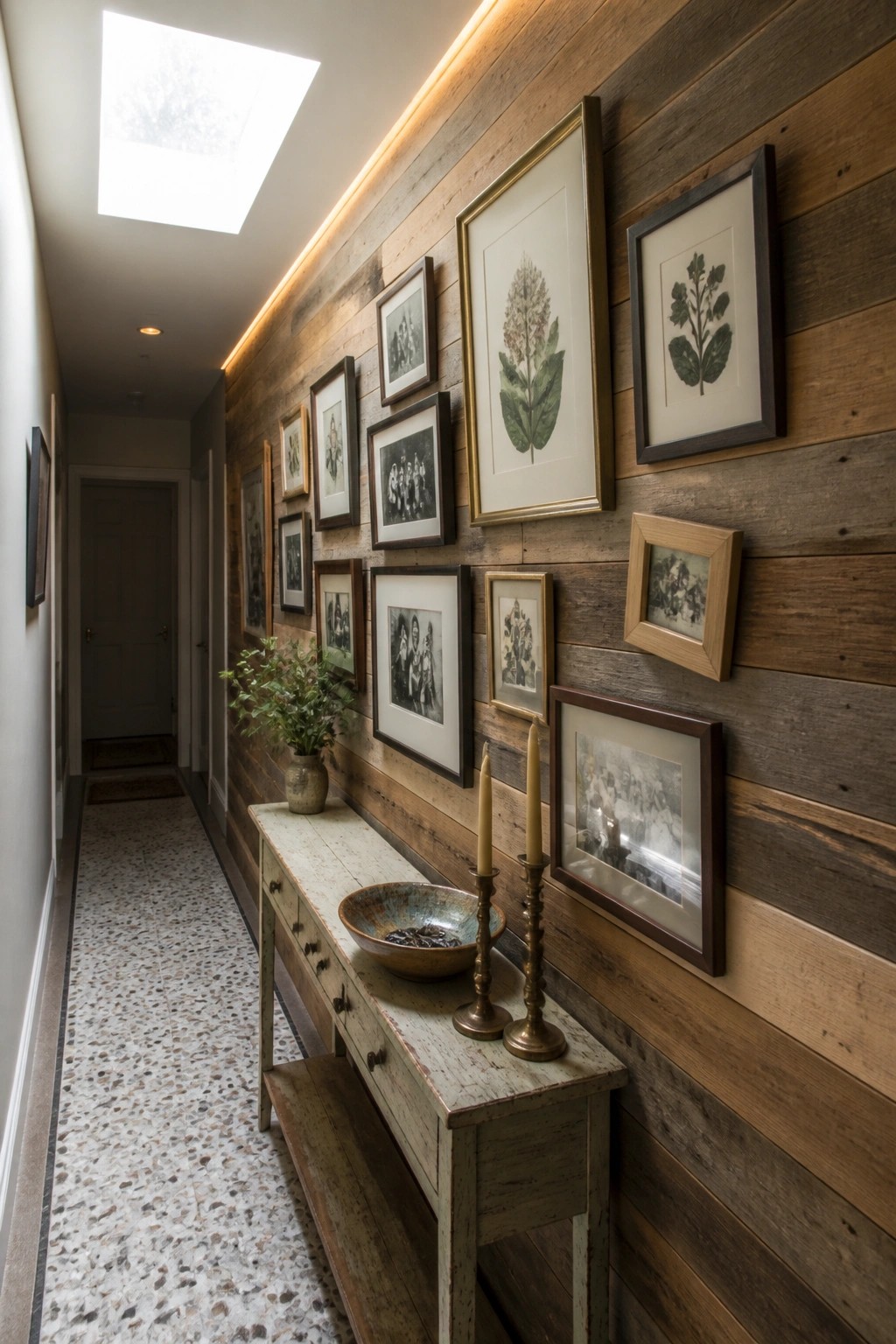 A long narrow hallway lined with reclaimed wood planks on one wall, featuring a collection of framed pictures above a weathered console table.