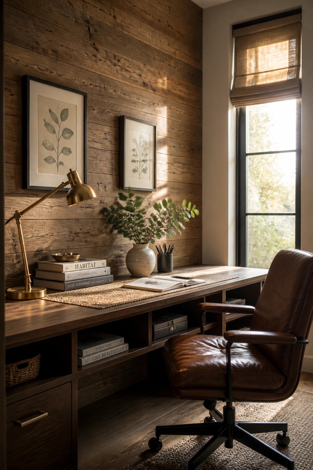A wooden desk setup against a reclaimed wood plank wall, with framed botanical prints, a brass lamp, stacked books, a vase with greenery, and a brown leather office chair beside a window.