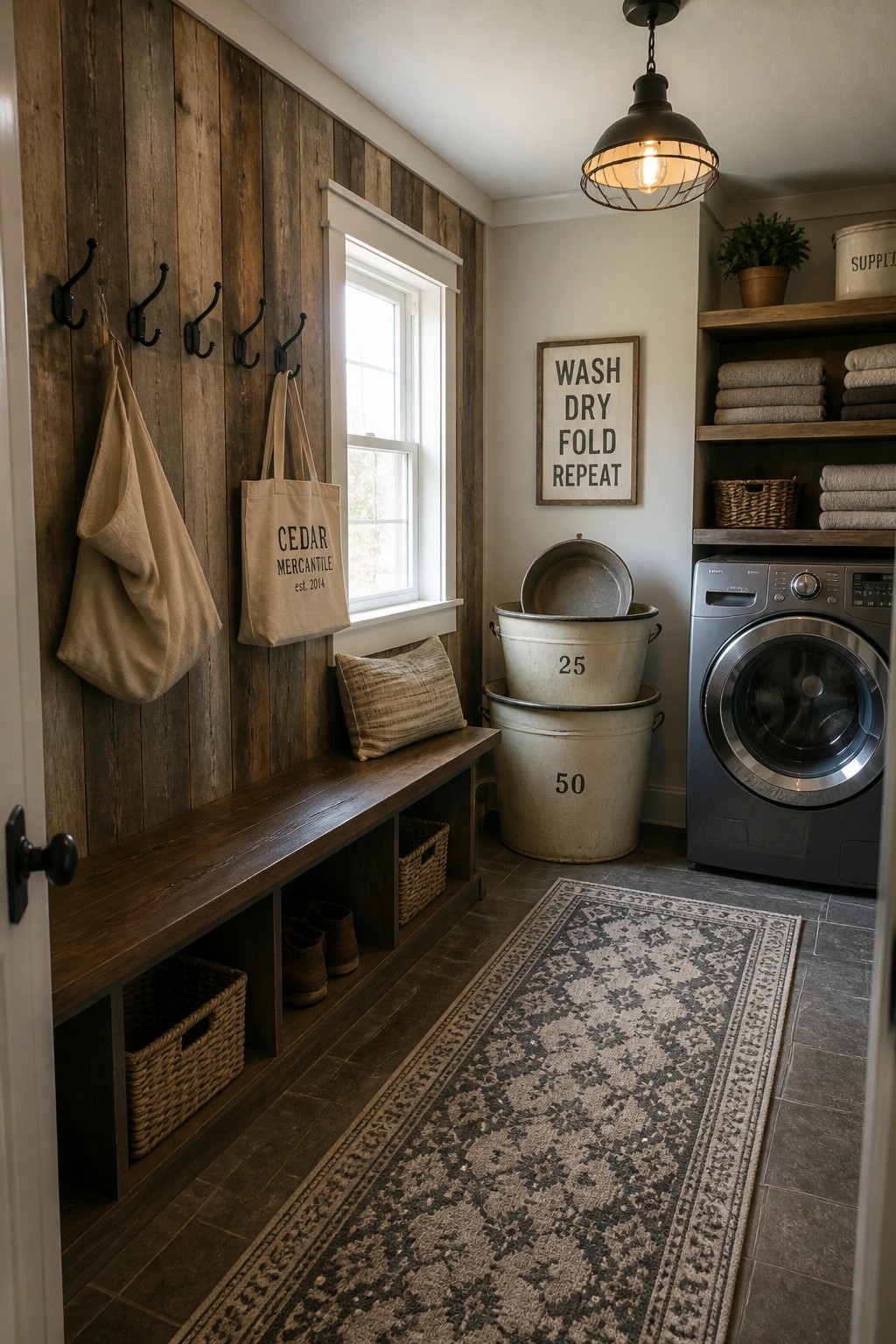 A laundry room featuring a vertical reclaimed wood accent wall with black hooks, a wooden bench, storage baskets, metal tubs, a washing machine, and a patterned rug on tiled flooring.