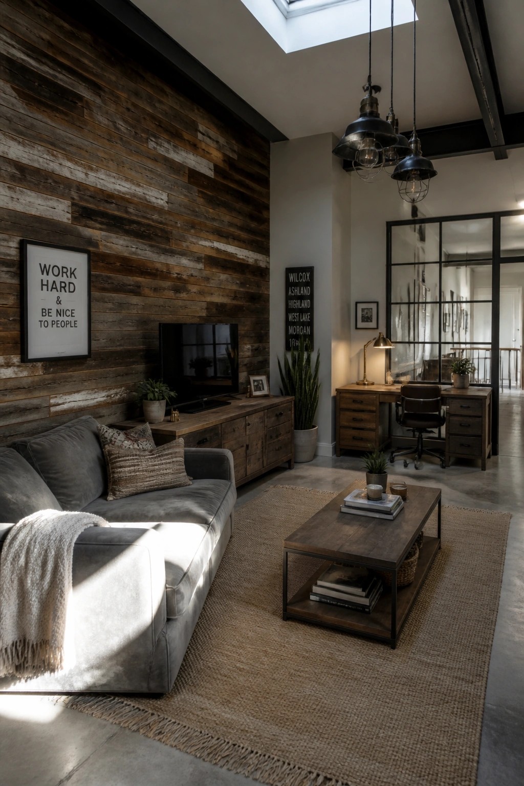 A living room with a large reclaimed wood accent wall behind a gray sofa, TV console, and coffee table on a woven rug.