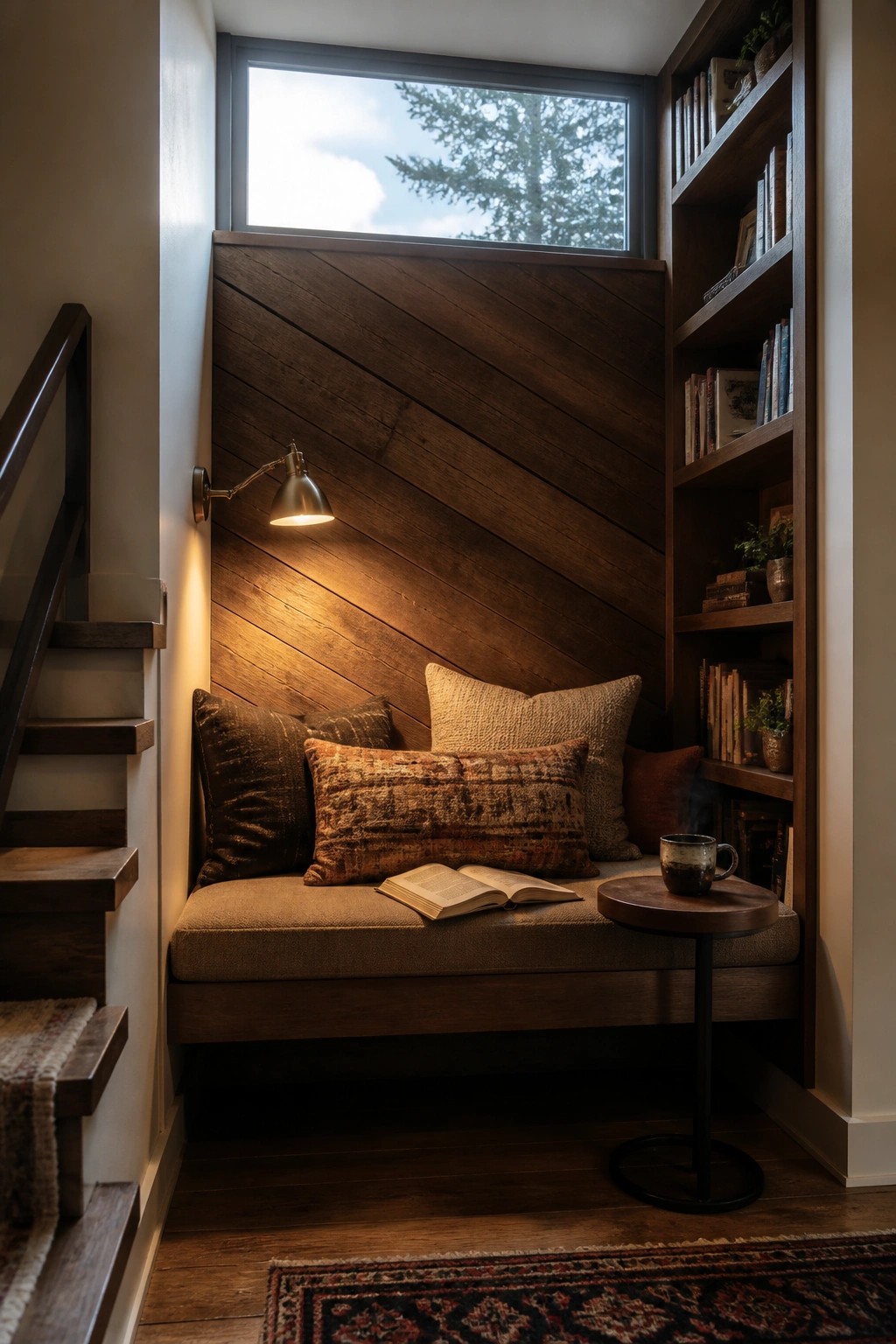A compact reading nook features diagonal reclaimed wood paneling on the back wall, a built-in upholstered bench with pillows, an open book, a small round side table with a mug, and built-in bookshelves on the right side.