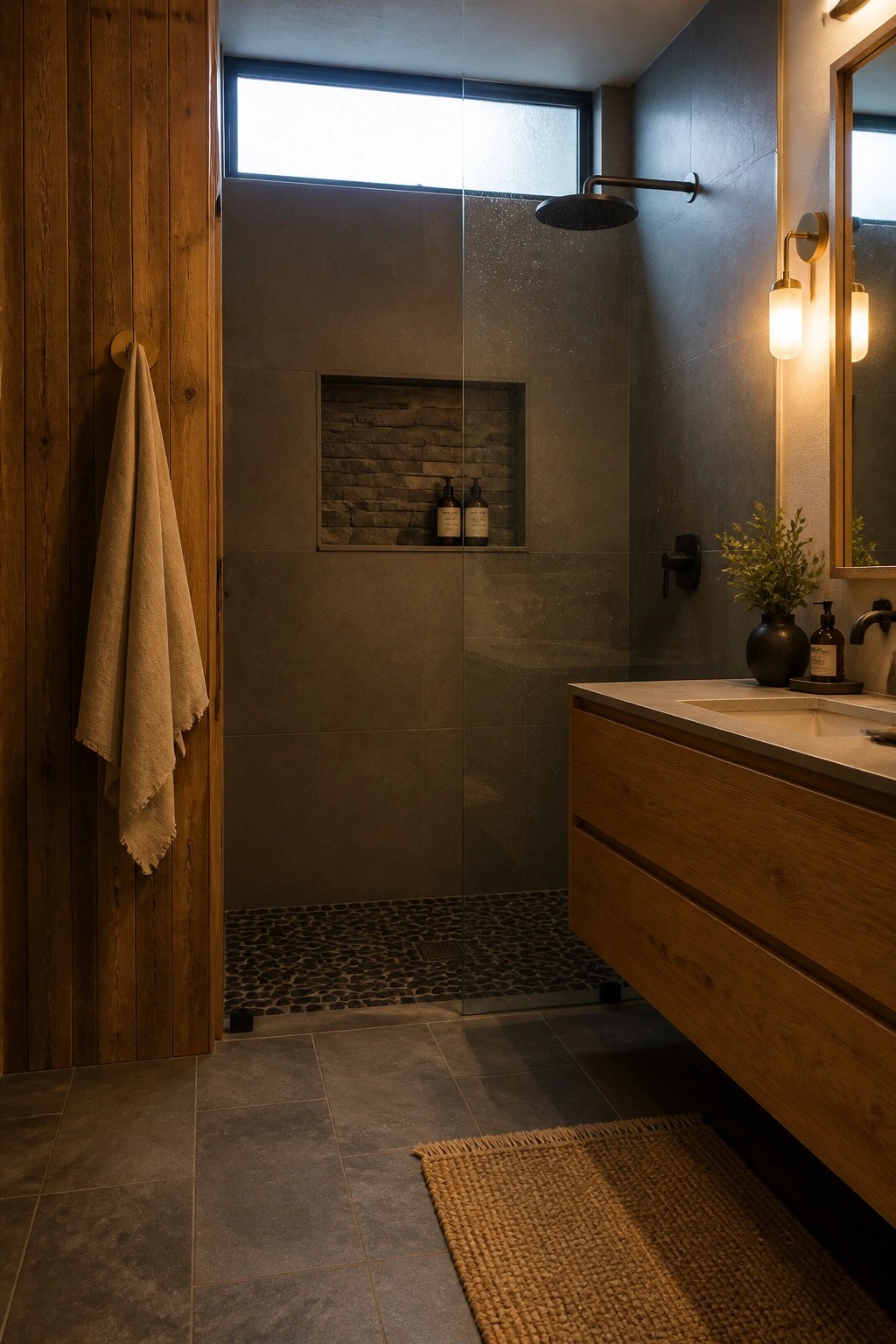 A modern bathroom with a glass shower, gray tile walls, a wooden vanity, and a vertical reclaimed wood accent wall with a hanging towel.