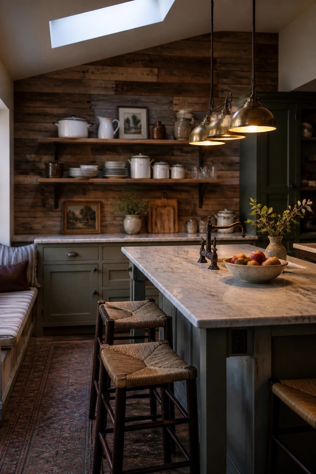 A kitchen with a large reclaimed wood accent wall behind open shelves, green cabinetry, a marble island with woven stools, and brass pendant lights.