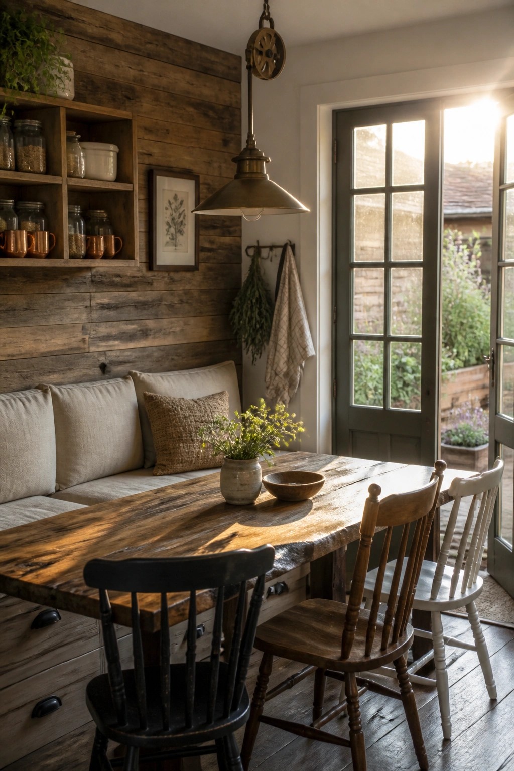 A dining area shows a wall covered in horizontal reclaimed wood planks with integrated open shelves, a cushioned bench, and a wooden table set with chairs.