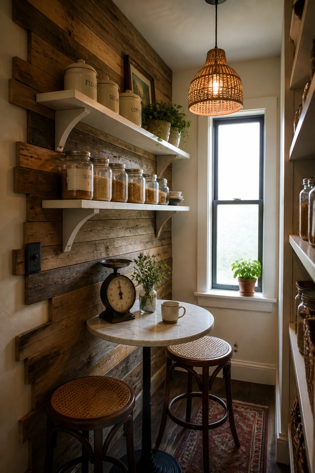 A narrow interior space with a vertical reclaimed wood wall, white floating shelves holding canisters and glass jars, a round marble table with two stools, and a window on the right side.