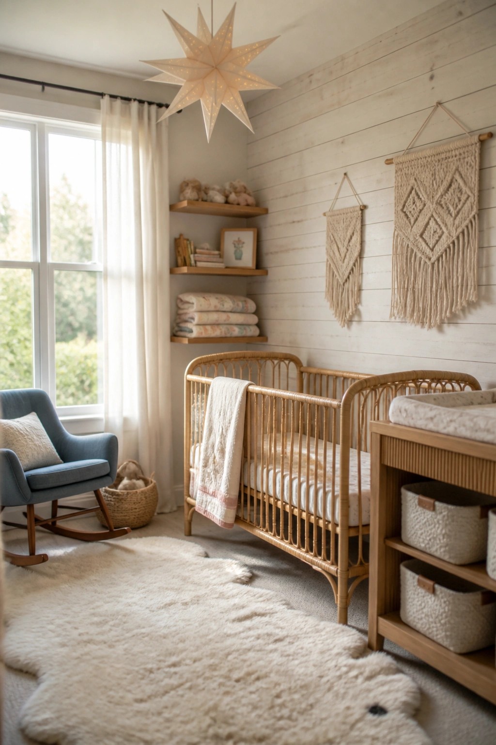 A nursery interior with whitewashed horizontal wood plank walls, a rattan crib, floating shelves, and a blue rocking chair.