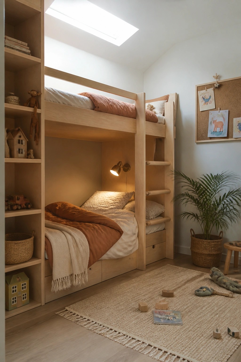 A light wood bunk bed with built-in shelves and drawers in a children's bedroom, shown with a woven rug and scattered toys on the floor.