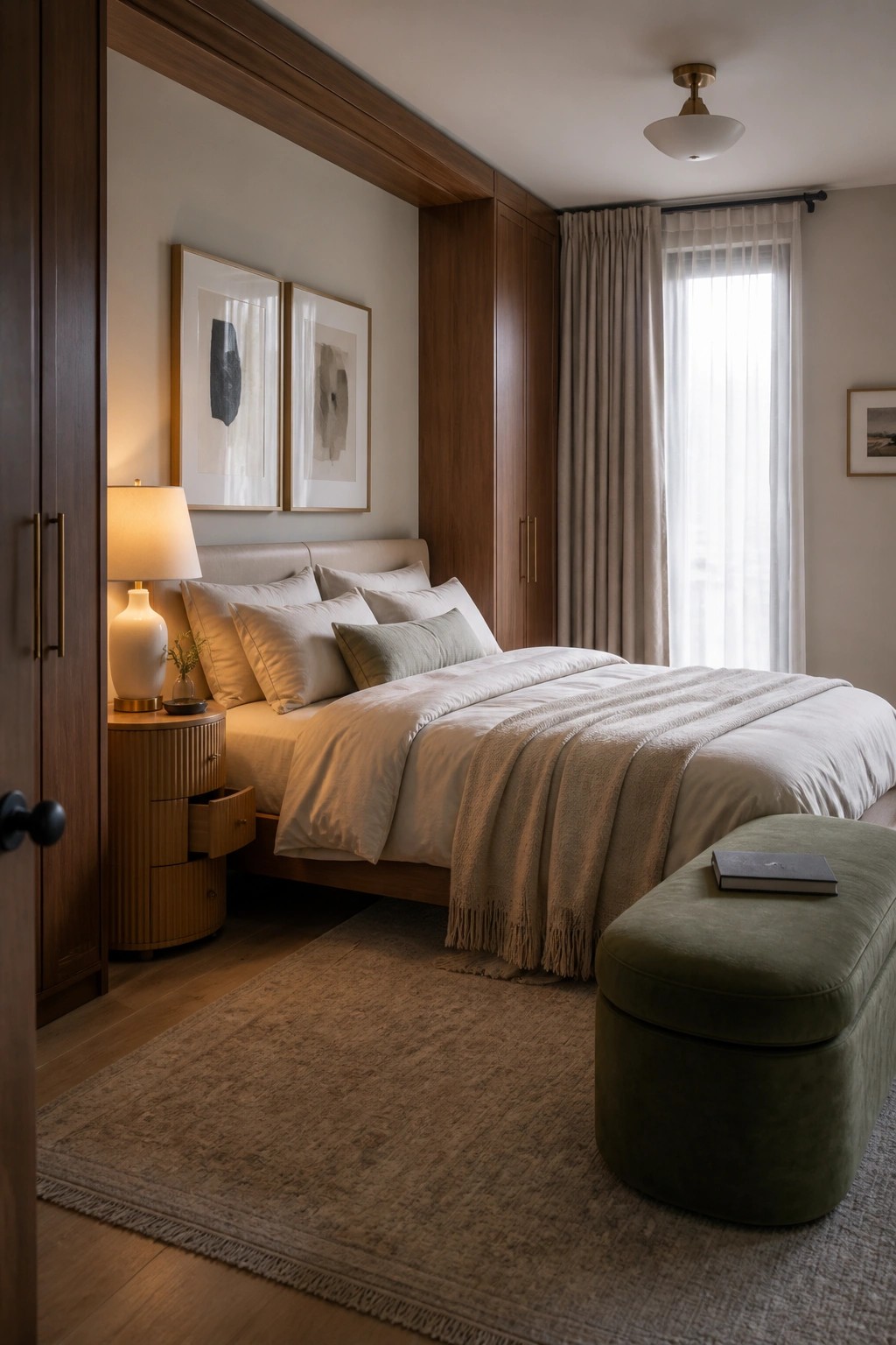 Modern bedroom with beige bedding, wooden furniture, green ottoman, and abstract art