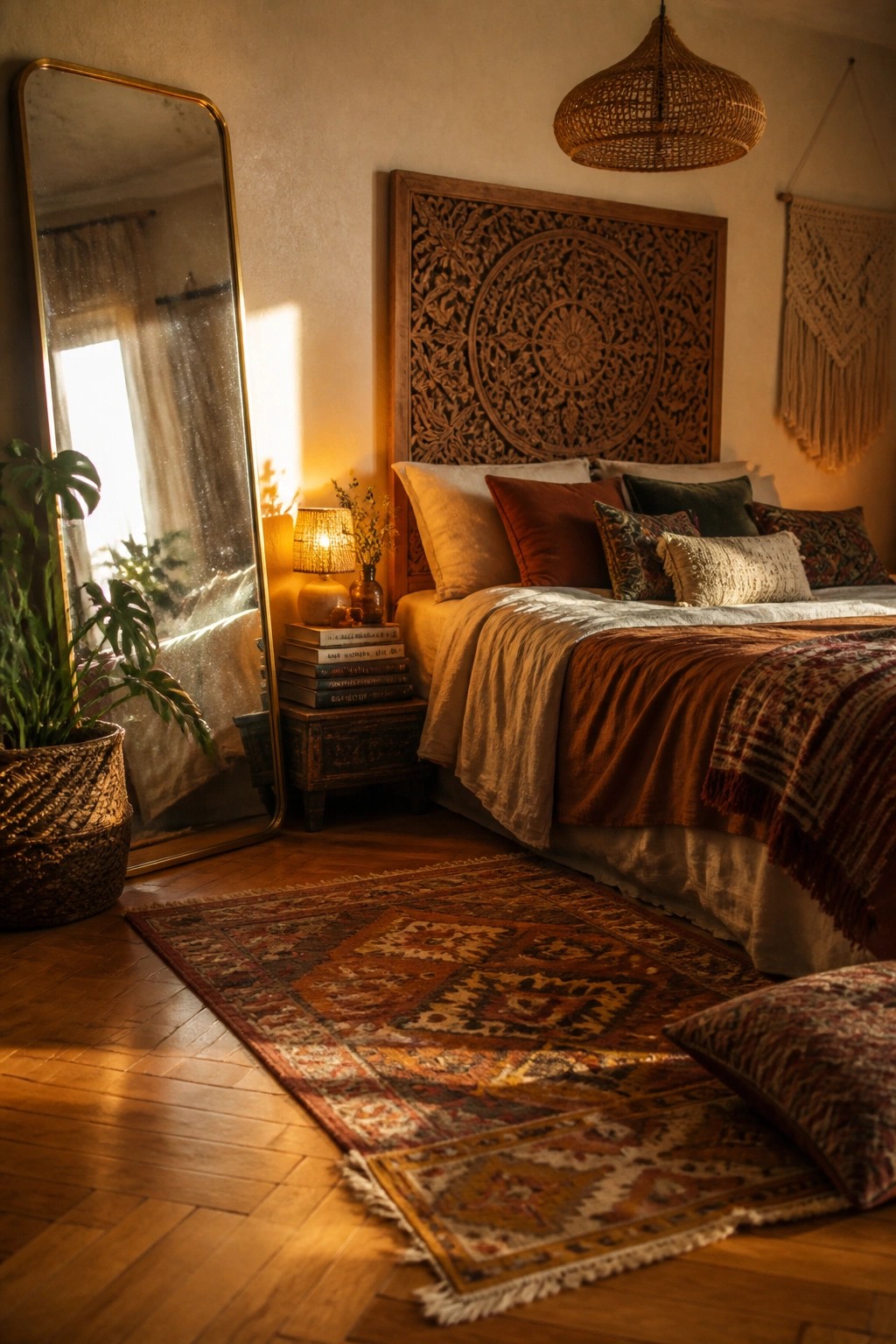 A bedroom featuring a large carved wooden headboard, layered pillows and blankets on the bed, a patterned rug on hardwood floors, and a tall mirror leaning against the wall.