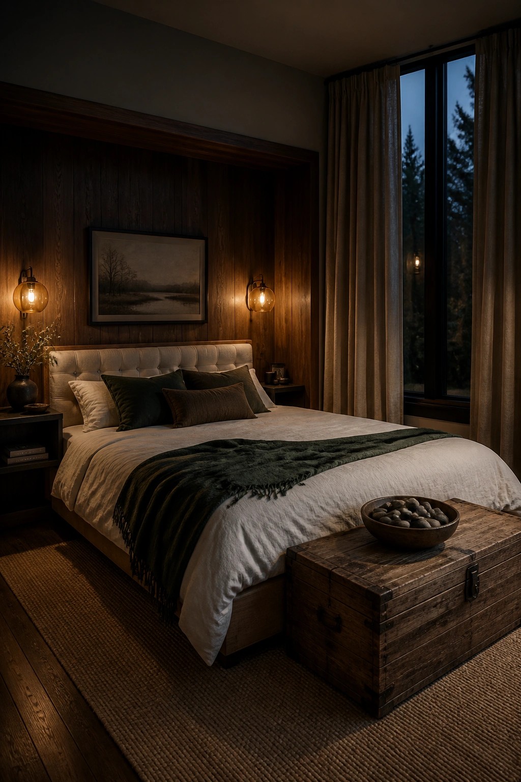 A bedroom featuring a bed set against dark wood paneled walls, with warm sconce lighting, a wooden trunk at the foot of the bed, and a large window with curtains on the right.
