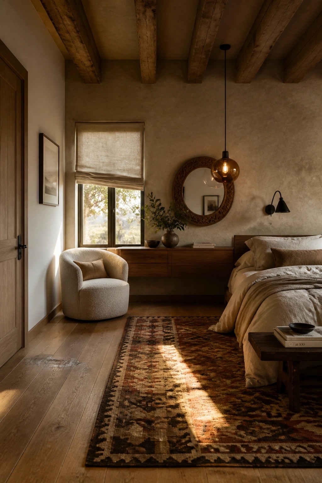 A bedroom interior with a bed dressed in neutral linens, a wooden console table, an upholstered armchair, and visible wooden ceiling beams.