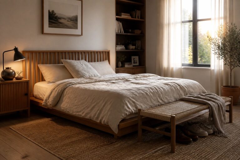 18 Warm Wood Bedroom Interior Ideas for a Cozy Retreat Feel A bedroom with a wooden bed frame, neutral linen bedding, a built-in wooden bookshelf, a bedside lamp, and a woven bench at the foot of the bed on a jute rug.