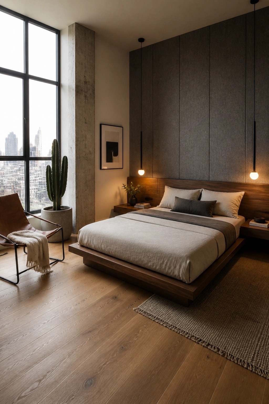 A bedroom with a low wooden platform bed against a dark vertical wood wall, white and gray bedding, two pendant lights, and a large window on the left.