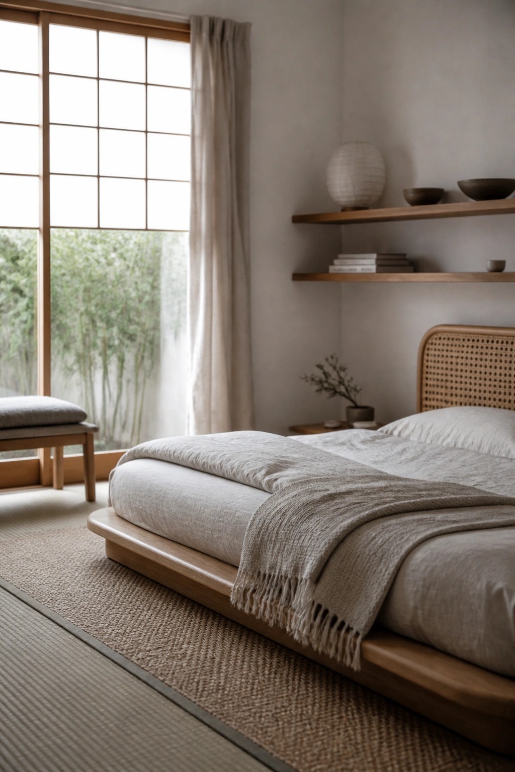 A low wooden platform bed with light linens and a beige throw blanket sits on a woven rug in a minimalist bedroom with floating wood shelves and a large window.