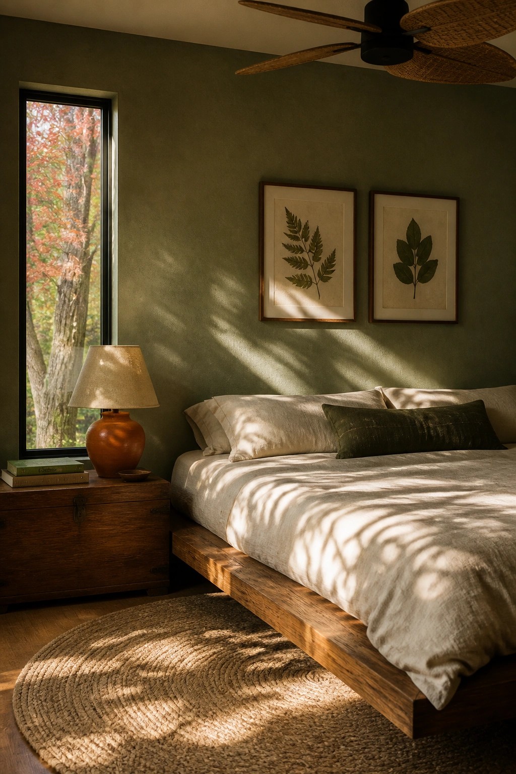 A bedroom featuring a low wooden platform bed with white and dark green bedding, a wooden nightstand holding a lamp and books, framed botanical prints on an olive green wall, and a tall window with autumn trees visible outside.