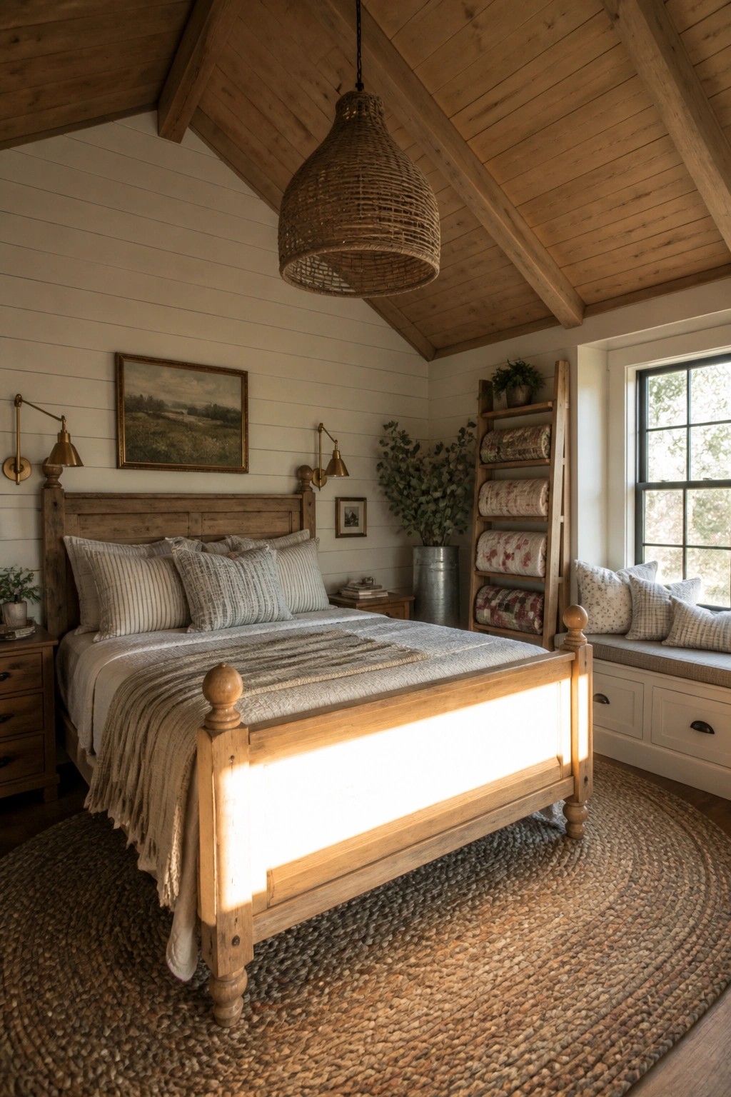 A bedroom featuring a wooden bed frame with a woven pendant light overhead, striped bedding, wall sconces, a wooden ladder shelf, and a round woven rug.