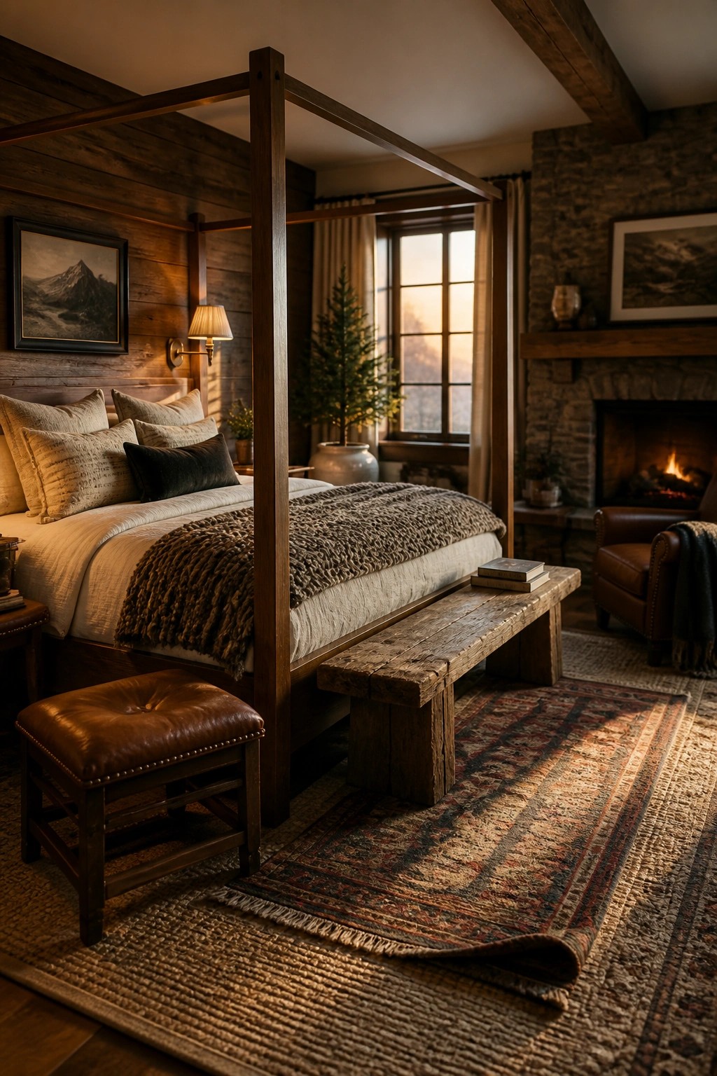 A bedroom featuring a dark wooden canopy bed with layered neutral bedding, a wooden bench at the foot, a leather stool nearby, and a stone fireplace to the right.