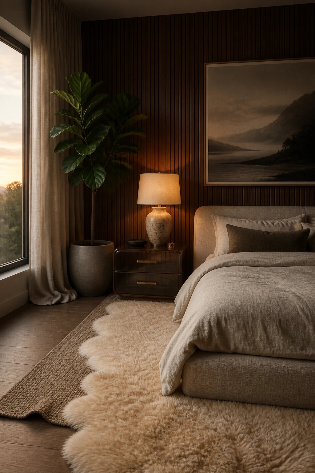 A bedroom with vertical dark wood paneling behind a bed dressed in neutral linens, a bedside table with a lamp, a large potted plant, and layered rugs on the floor.