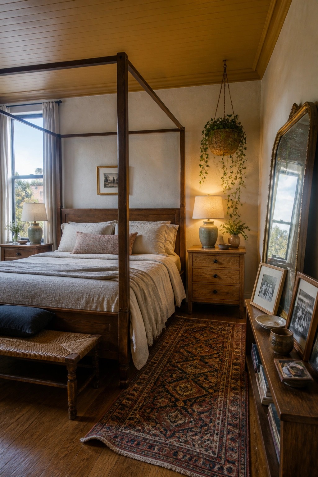 Cozy bedroom with four-poster bed, patterned rug, hanging plant, and wooden furniture.