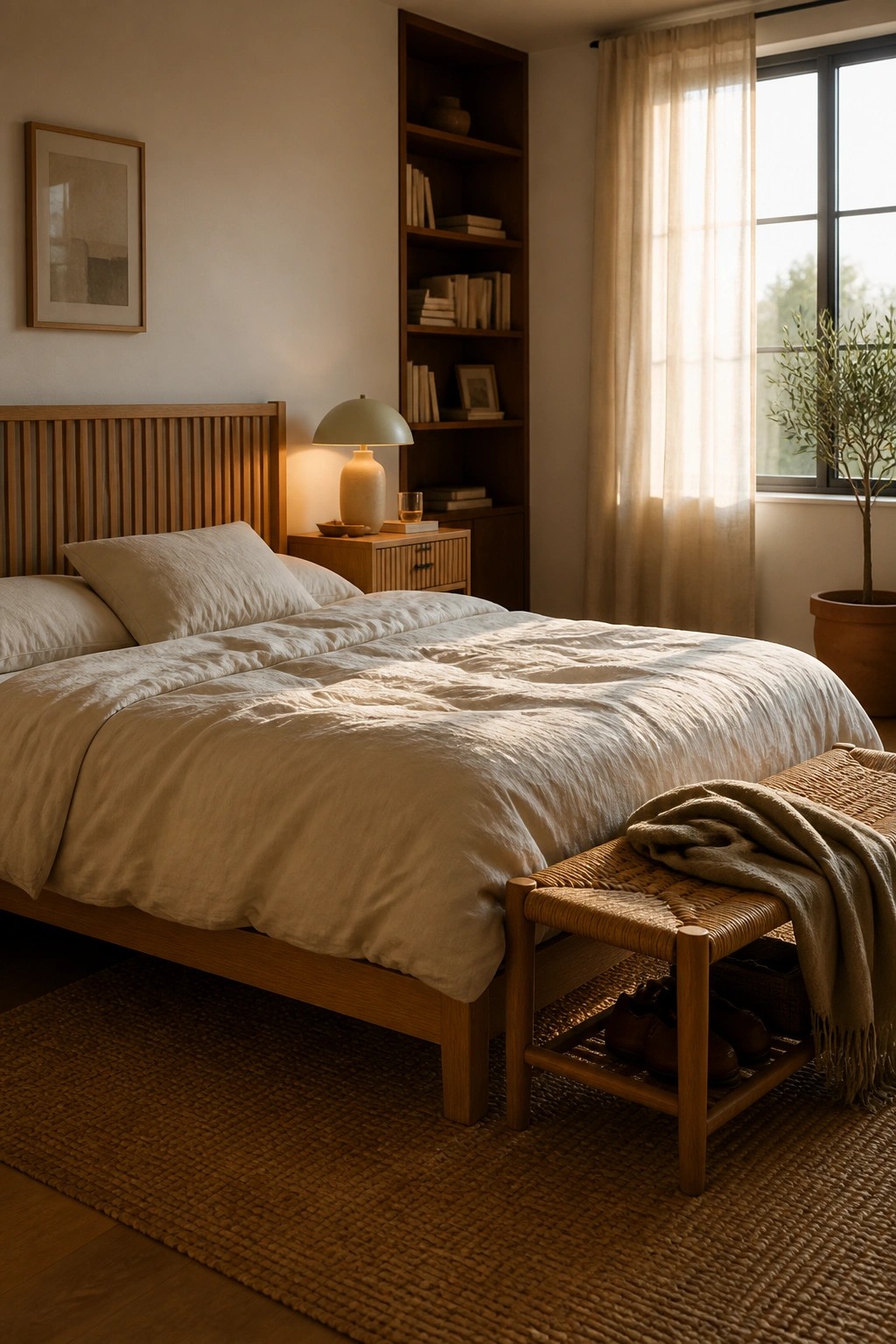 A bedroom with a wooden bed frame, neutral linen bedding, a built-in wooden bookshelf, a bedside lamp, and a woven bench at the foot of the bed on a jute rug.