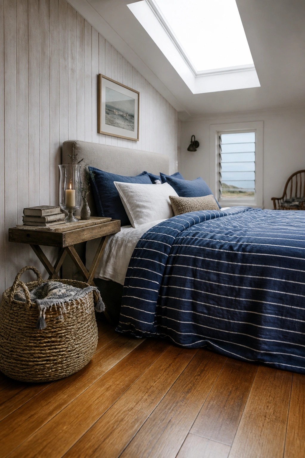 A bedroom with a bed in blue striped linens, a wooden nightstand holding books and a candle, warm hardwood flooring, and a woven basket on the floor.