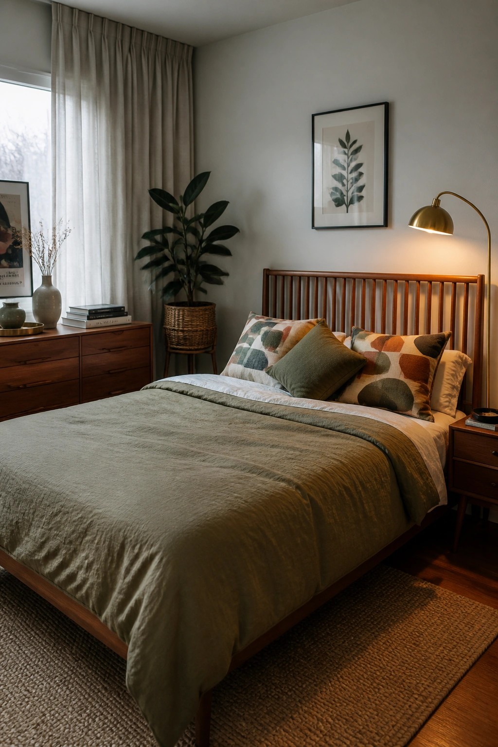 Cozy bedroom with wooden bed, green bedding, patterned pillows, and brass floor lamp.