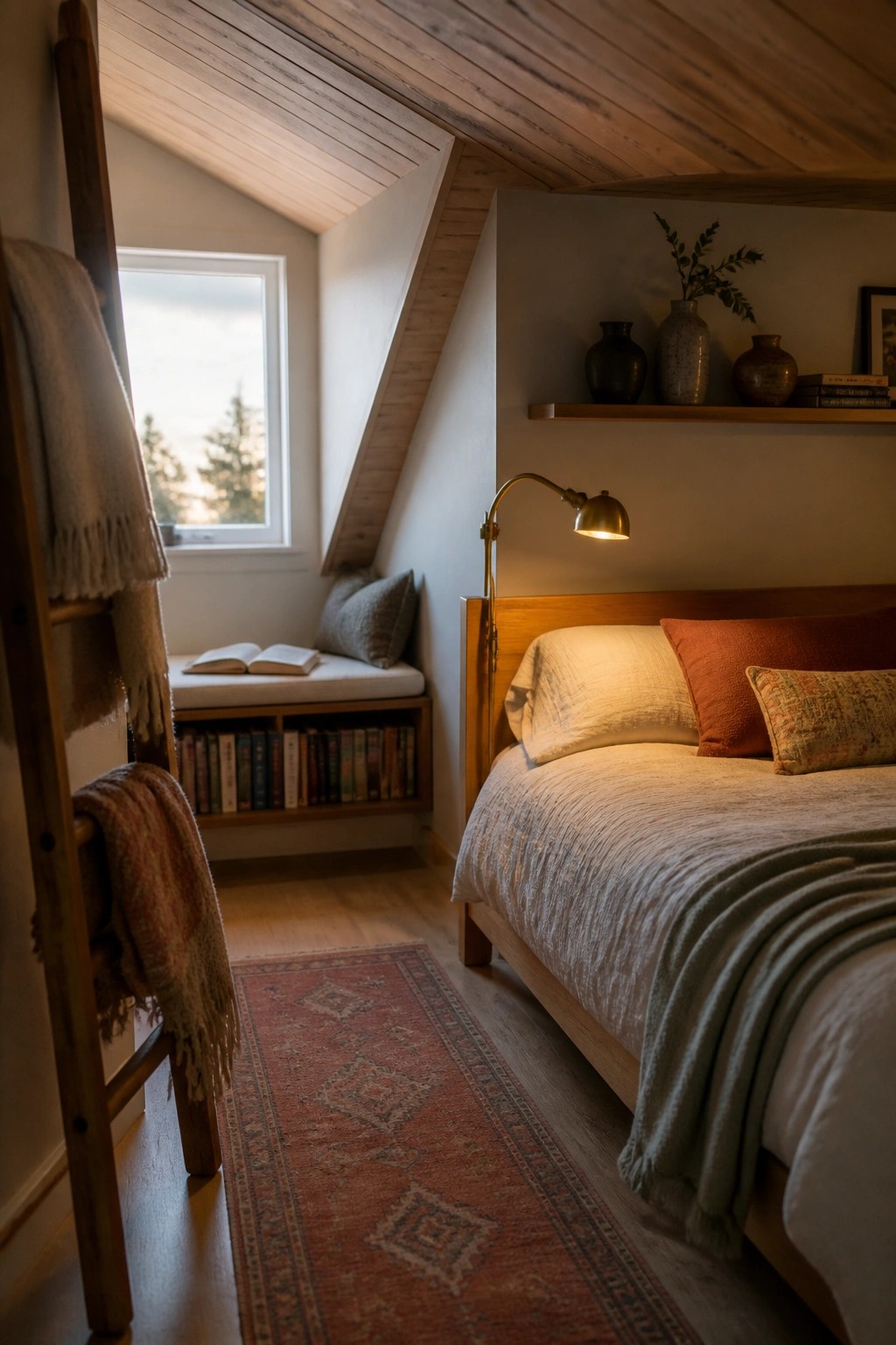 A bedroom with a sloped wood ceiling features a wooden bed, brass reading lamp, built-in window seat with books below, and a wooden ladder holding blankets.