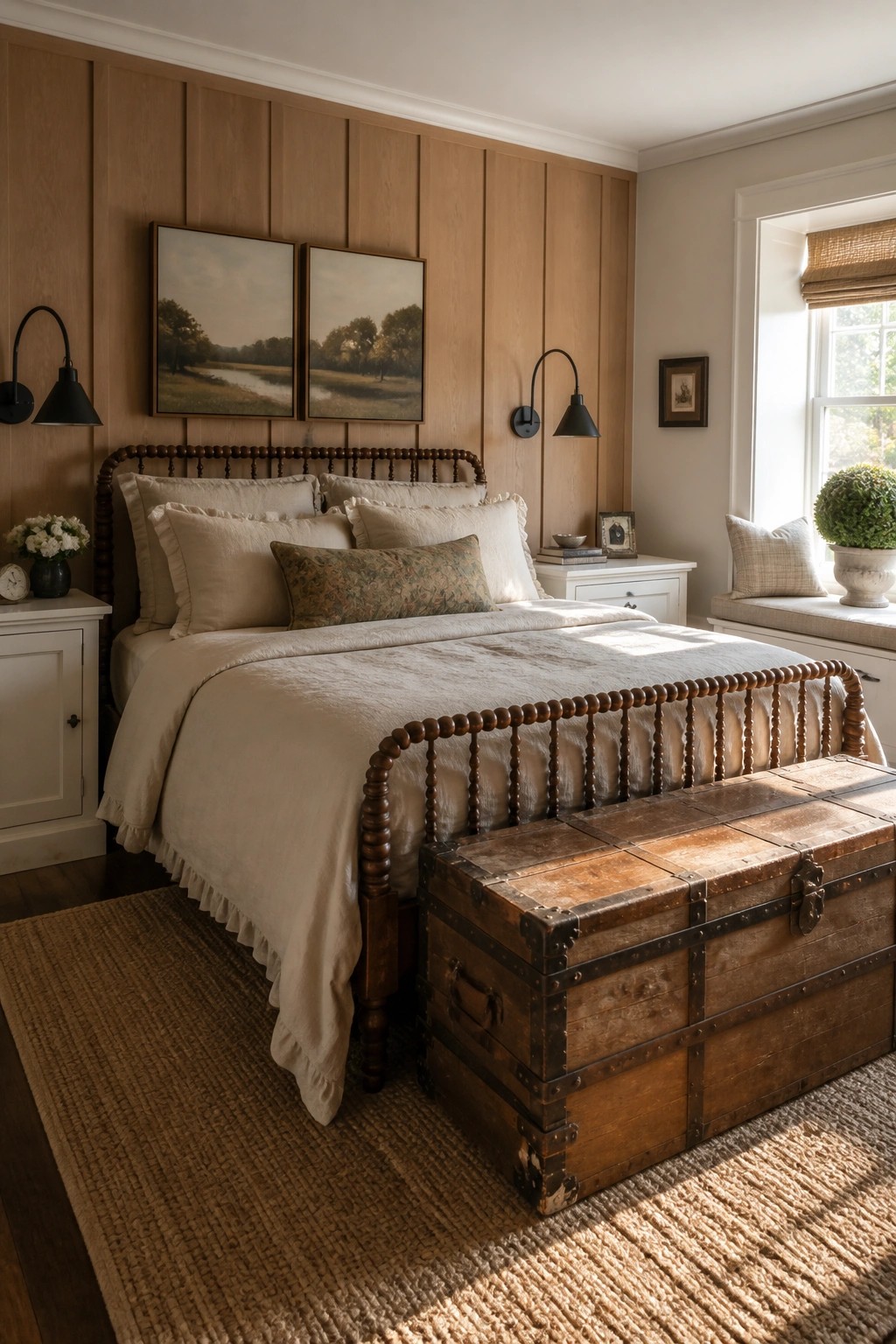 Cozy bedroom with wooden spindle bed, vintage trunk, paneling, and landscape art.