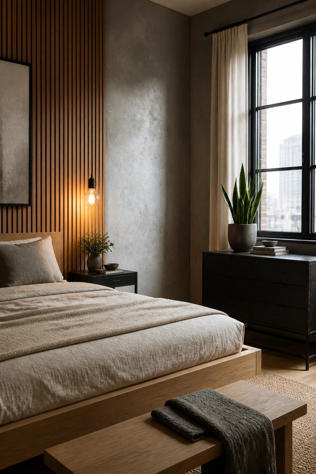 Modern minimalist bedroom with wooden bed, pendant light, dark dresser, and large window
