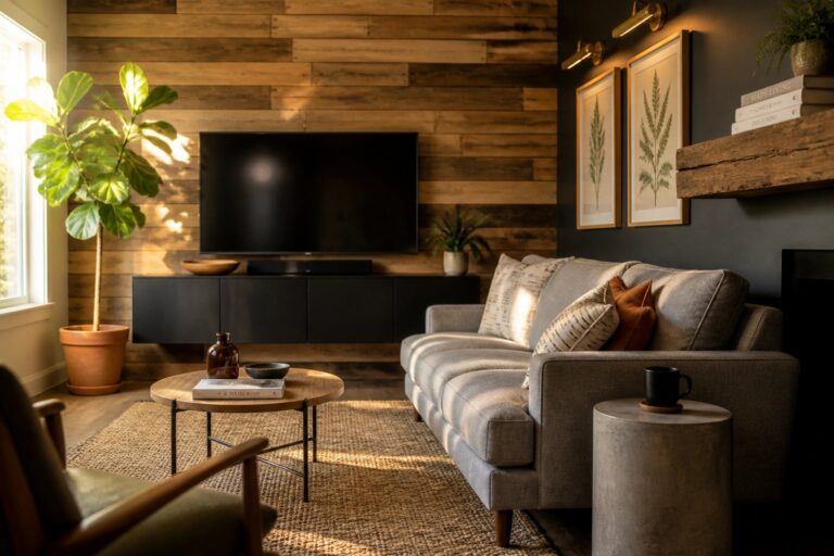 A living room featuring a gray sofa facing a flat screen TV mounted on a horizontal reclaimed wood plank wall, with a floating shelf, framed prints, and a floor lamp nearby.