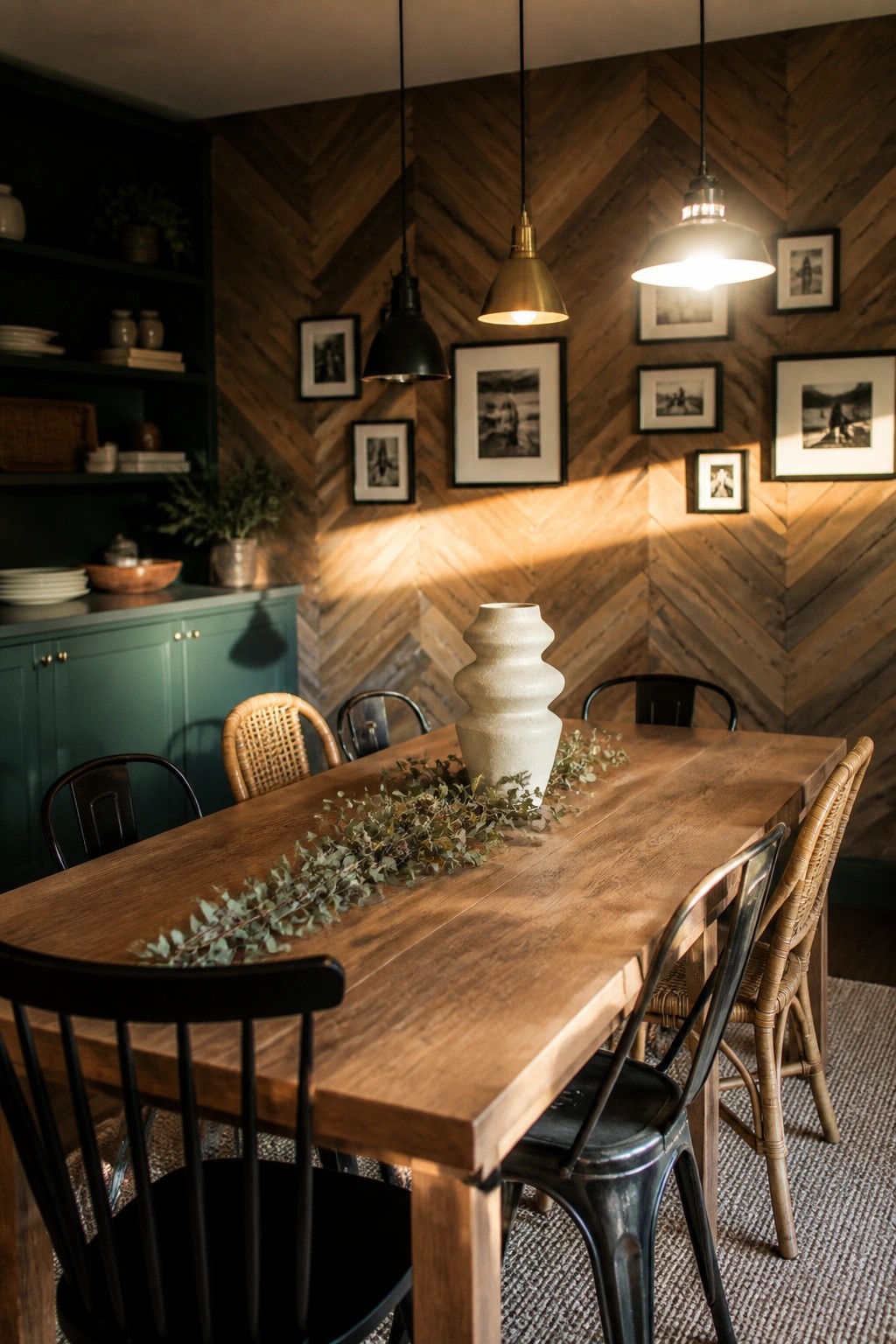 A dining room with a herringbone wood accent wall, a long wooden table, and mixed chairs.