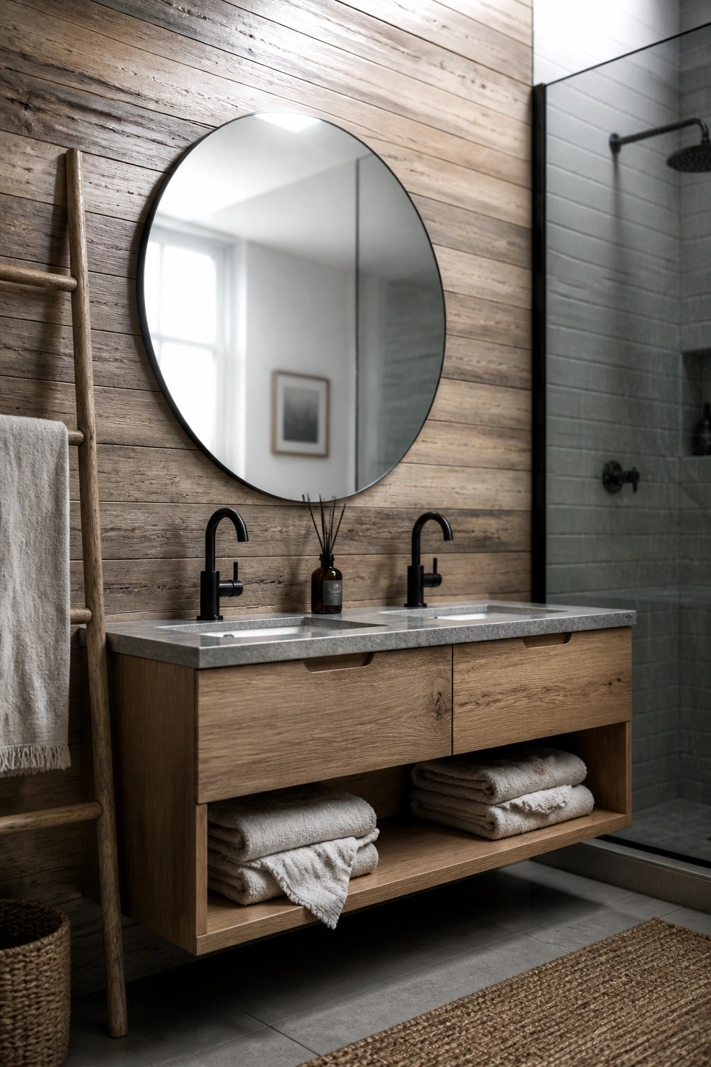 A bathroom vanity with a concrete countertop and two black faucets sits below a round mirror on a wall covered in horizontal wooden planks next to a glass shower enclosure.