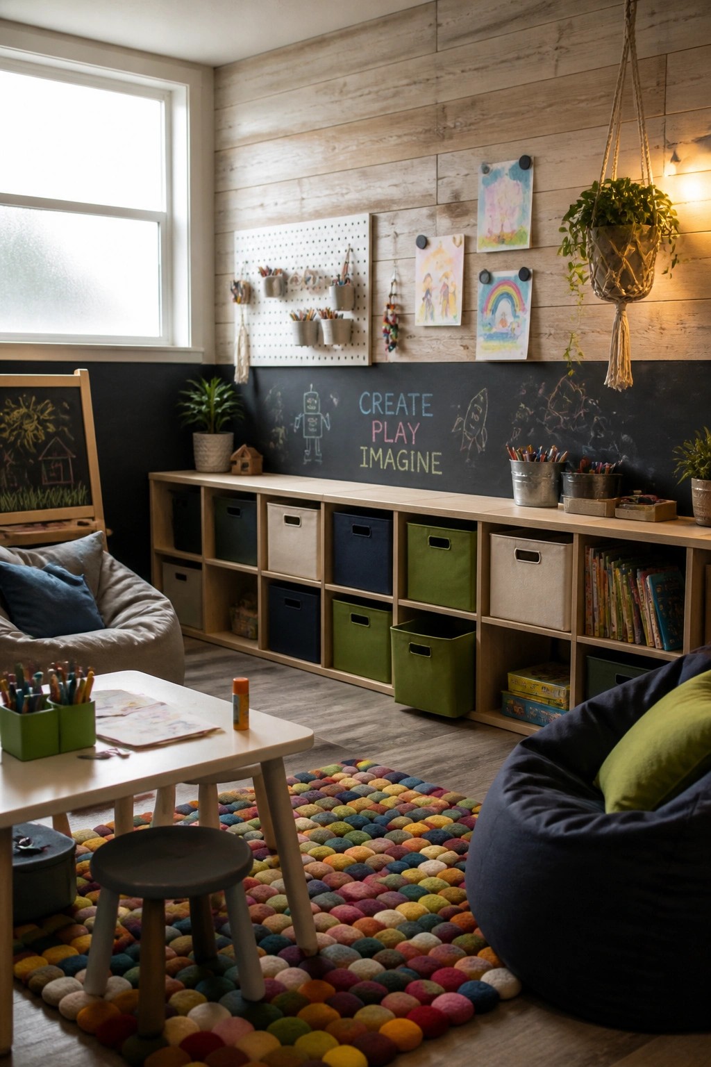 A children's playroom with horizontal light wood planks on the upper wall above a dark chalkboard, colorful storage bins, a small table with stools, and beanbag chairs on a rainbow rug.
