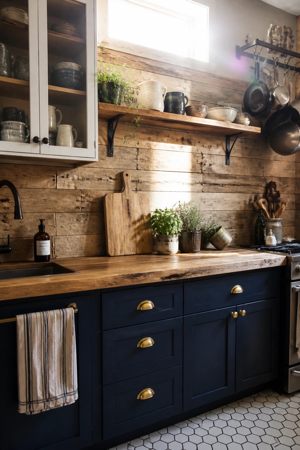 A kitchen interior with a horizontal wood plank wall above navy blue cabinets and a wooden countertop.
