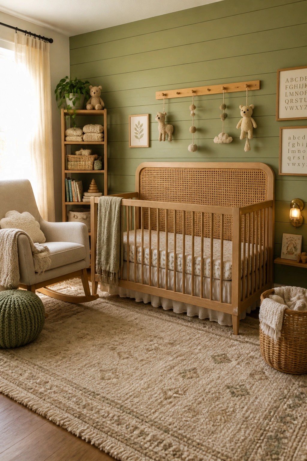 A nursery with a light wood crib against a green horizontal shiplap wall, a rocking chair, and a large area rug on the floor.