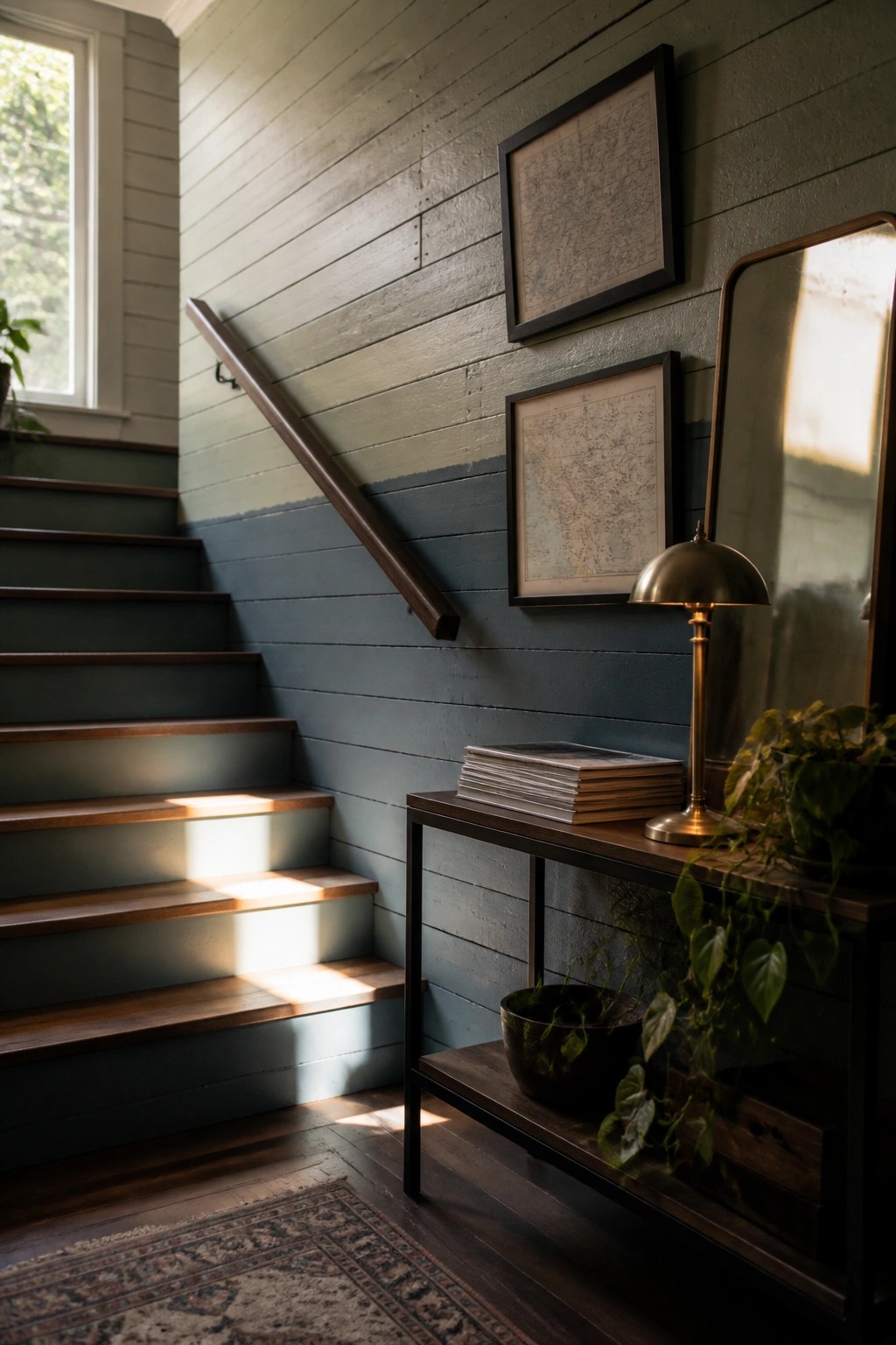 Interior stairwell with horizontal wood plank walls painted in shades of green and blue, a wooden handrail, and a console table with books and a lamp at the bottom.