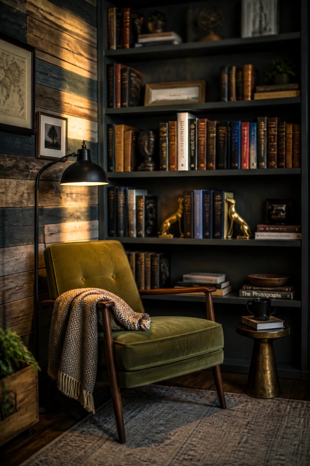 A green armchair with a throw blanket sits in front of dark bookshelves, next to a black floor lamp and a reclaimed wood plank accent wall on the left.