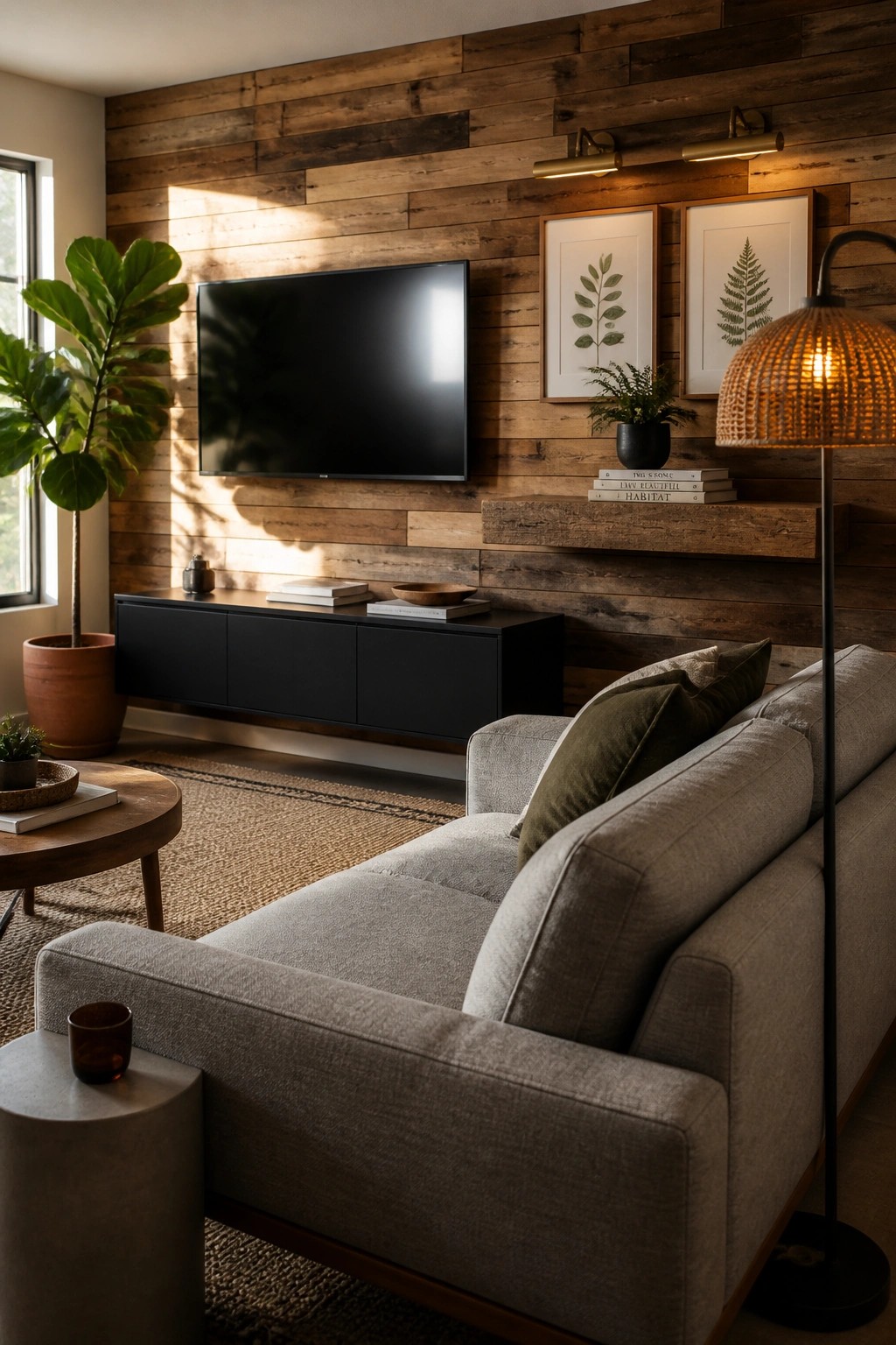 A living room featuring a gray sofa facing a flat screen TV mounted on a horizontal reclaimed wood plank wall, with a floating shelf, framed prints, and a floor lamp nearby.