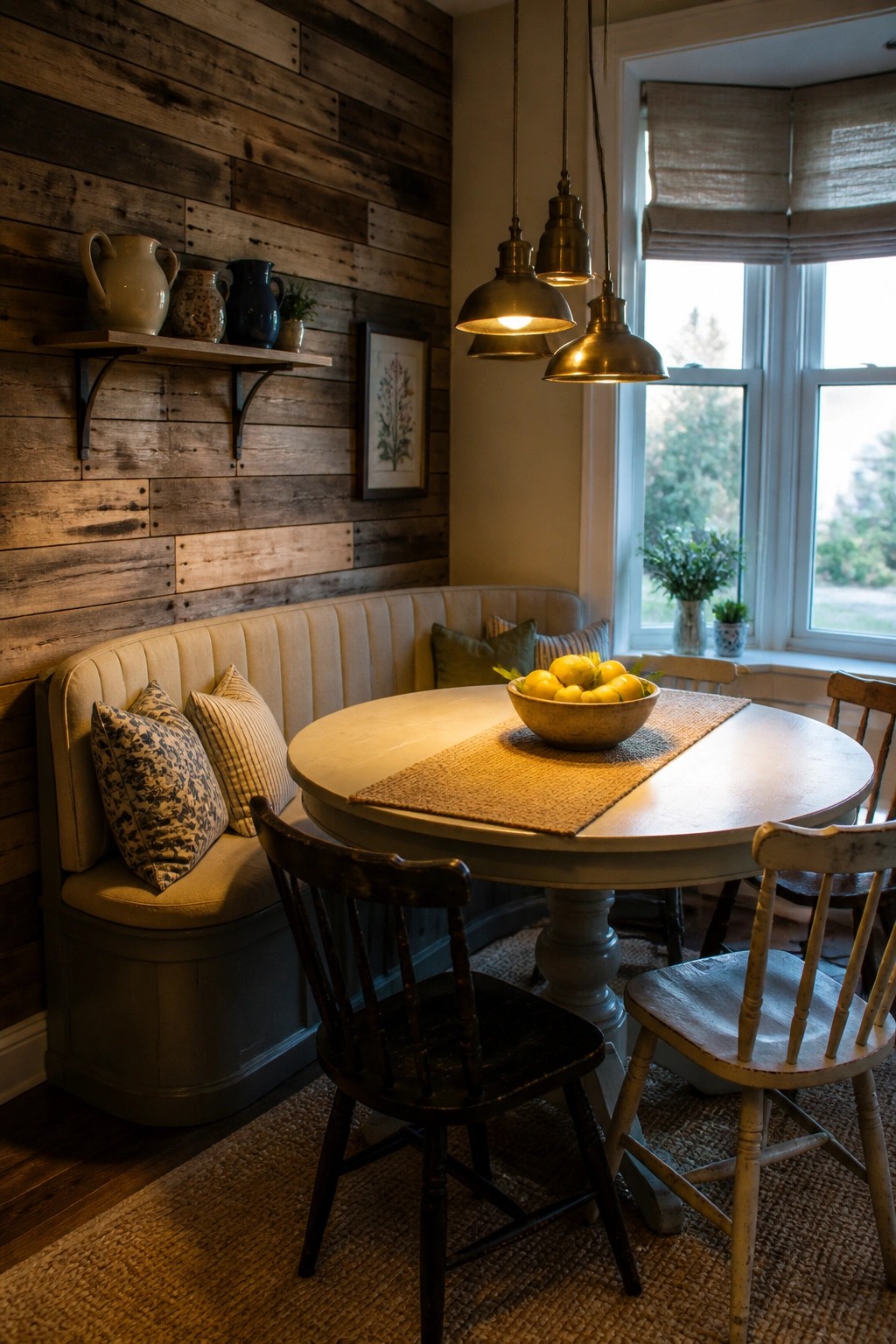 A dining area with a round table, built-in bench, and a wall covered in horizontal reclaimed wood planks.