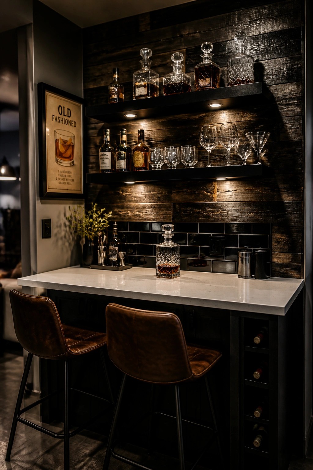 Modern home bar with dark wood shelves, marble counter, and leather stools.