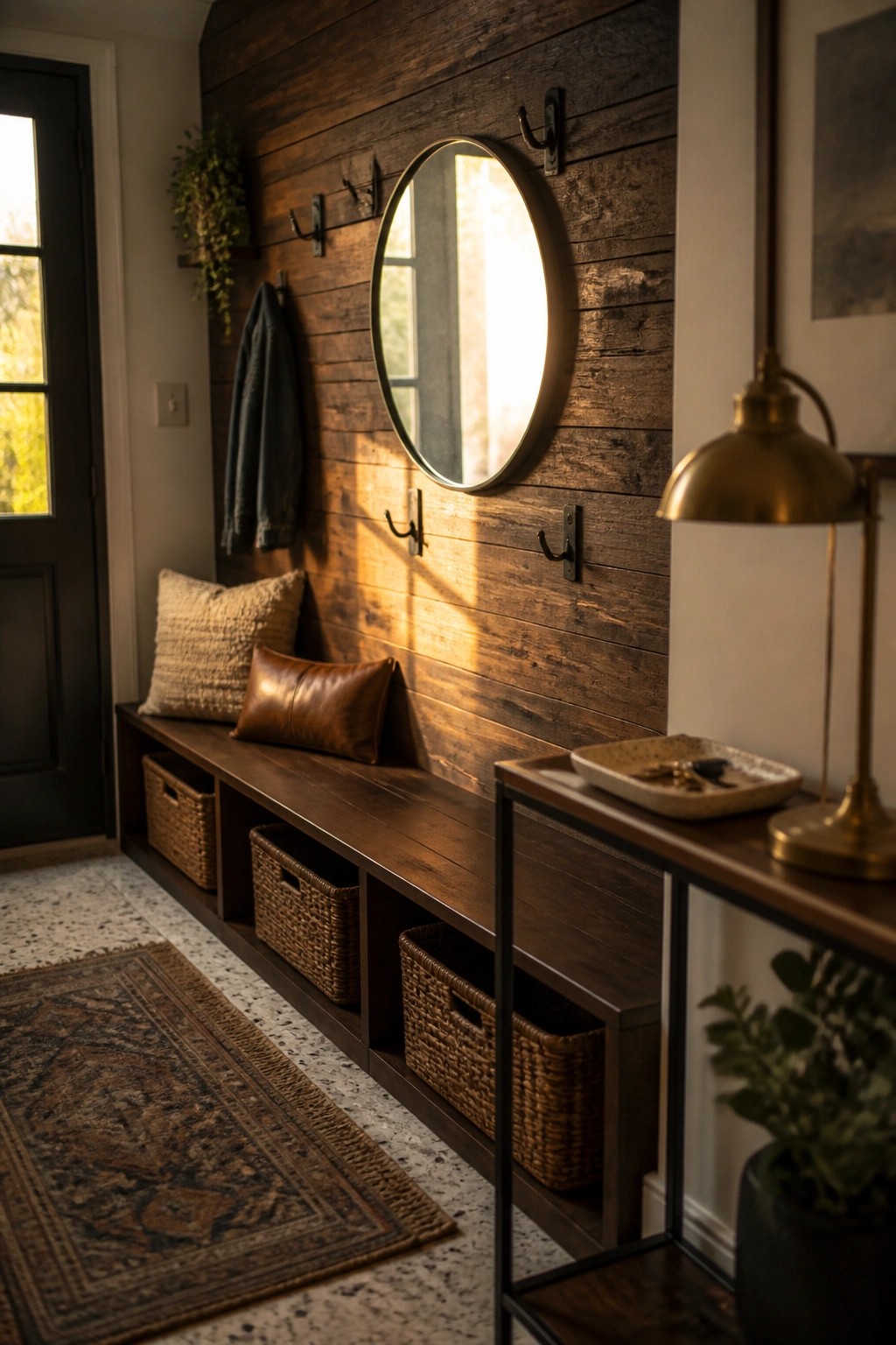 An interior entryway with a dark reclaimed wood plank accent wall, multiple black hooks, a built-in bench with woven baskets, a round mirror, and a dark jacket hanging on one hook.