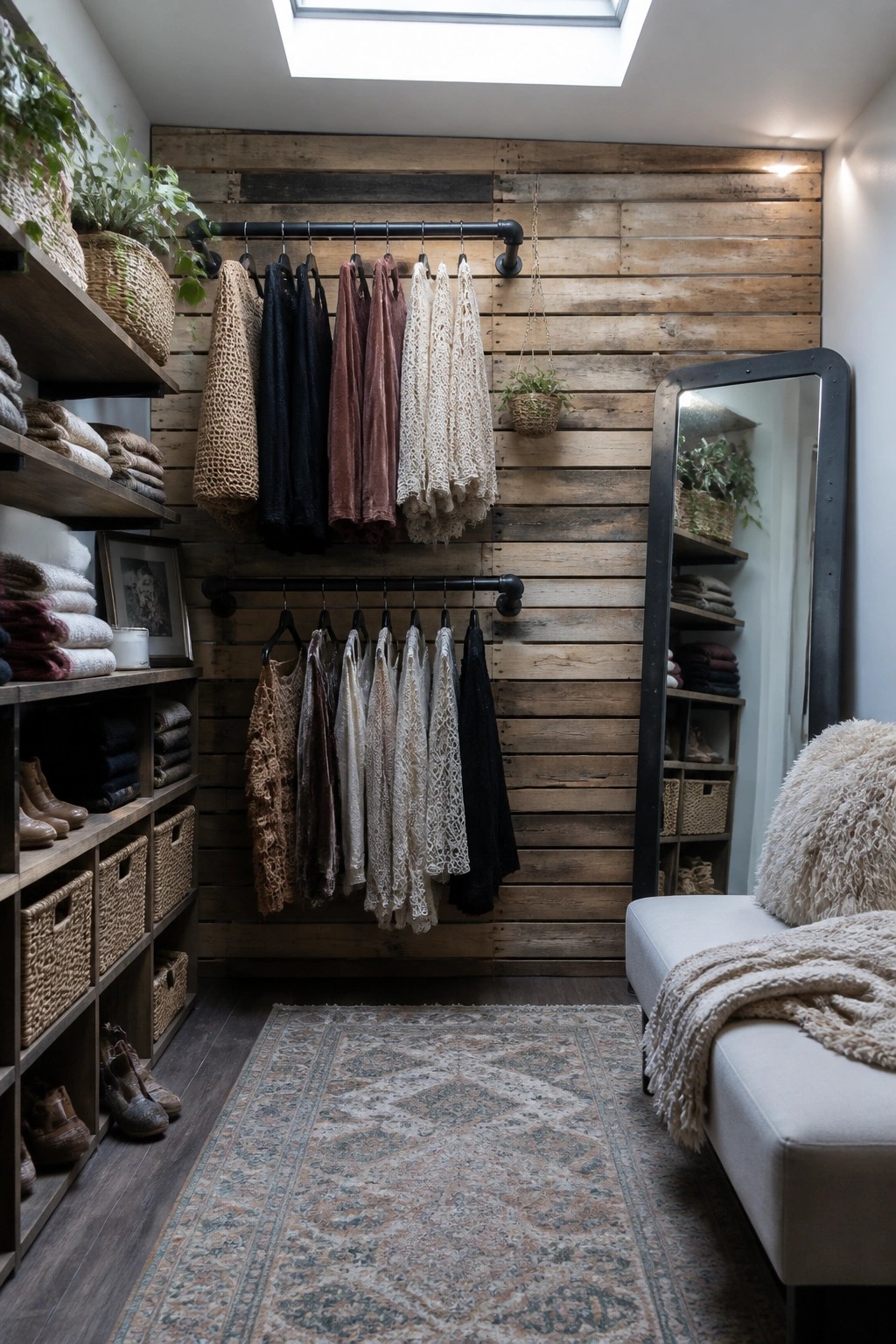 A walk-in closet featuring horizontal reclaimed wood plank walls, black metal clothing racks, wooden shelves with baskets, and a large patterned rug on the floor.