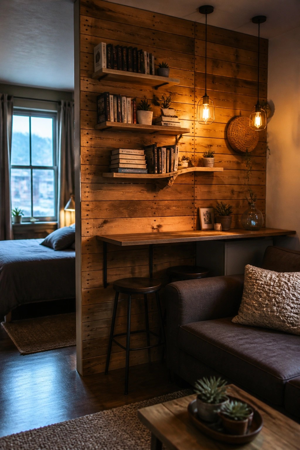 A room interior shows a vertical wooden plank wall with floating shelves holding books and small plants, a wall-mounted desk with two stools, a gray sofa, and an opening to a bedroom on the left.