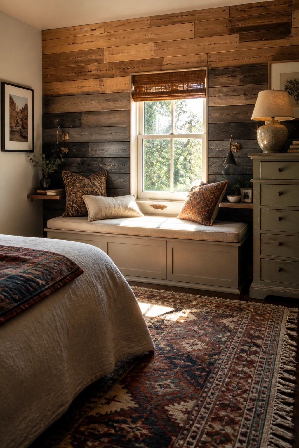 A bedroom with a horizontal reclaimed wood accent wall behind a window seat with cushions and a patterned rug on the floor.